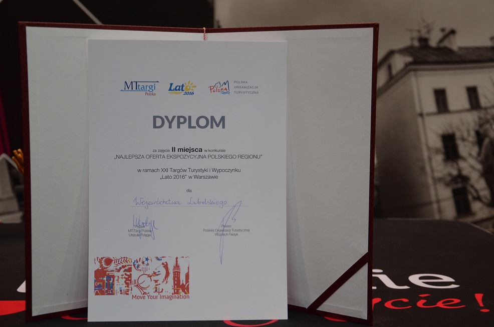 Dyplom dla Województwa Lubelskiego za zajęcie II miejsca w konkursie NAJLEPSZA OFERTA EKSPOZYCYJNA POLSKIEGO REGIONU.